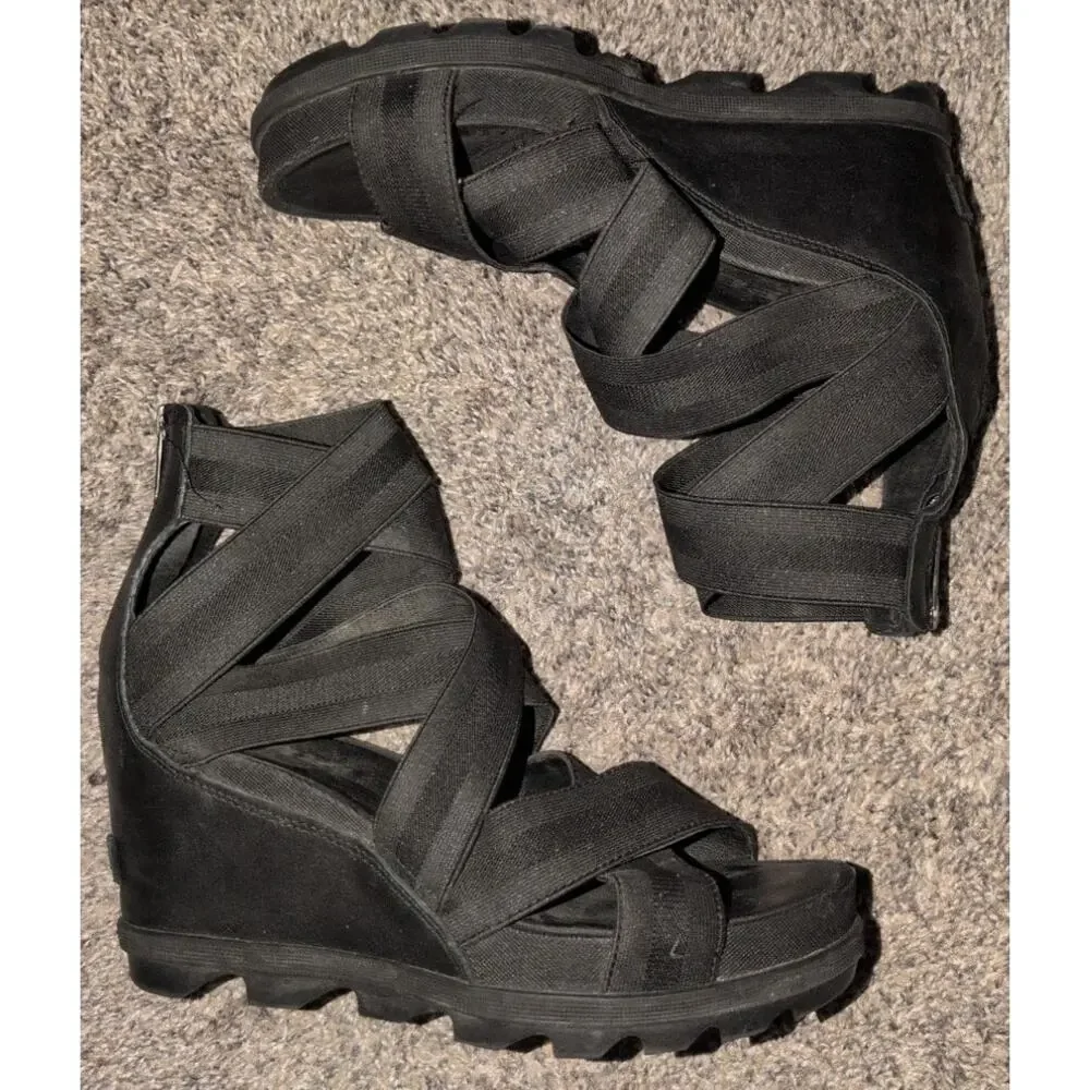 Sorel Joanie™ II Leather Wedge Heeled Sandal Size 9.5 Black EUC - Picture 2 of 6